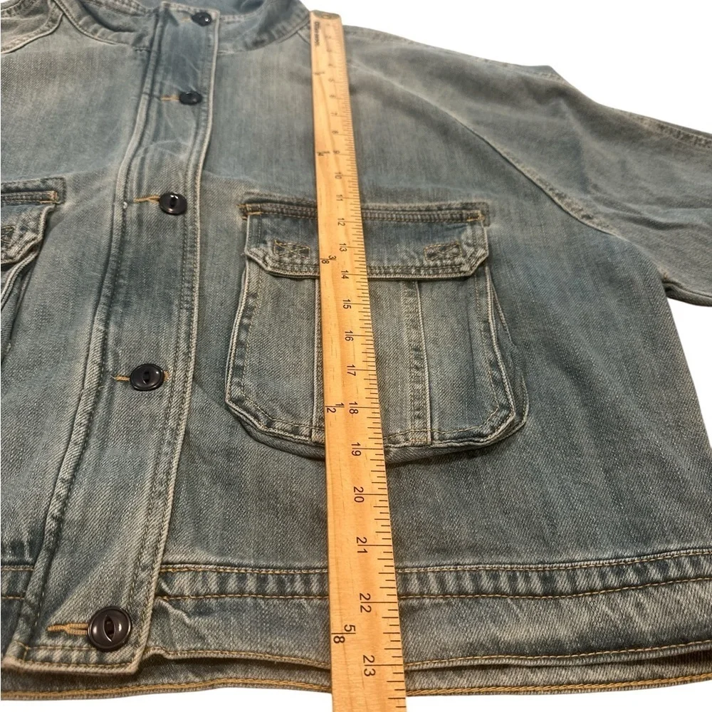 Risen Curvy Denim Jacket Size 2XL Medium Wash Cargo Pockets Zipper Button Front - Picture 14 of 14